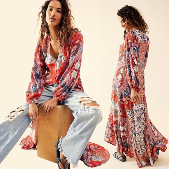 Free People Dresses & Skirts - Free People Bohemian Gypsy Maxi Dress Duster Red Retro 70s Festival Size Large